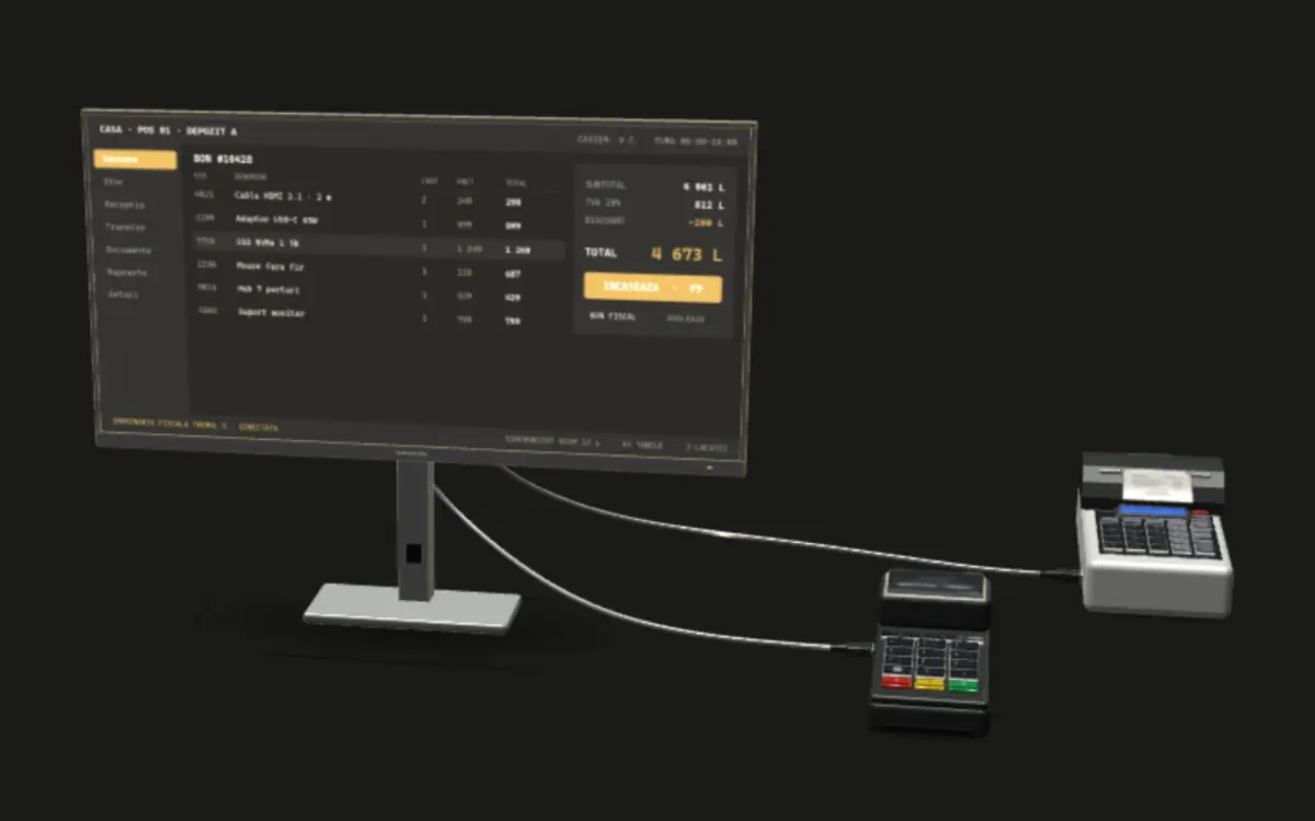 A render of a point-of-sale station: a monitor showing an open receipt — HDMI cable, USB-C adapter, SSD, mouse, hub and monitor stand — with subtotal, VAT, discount and a total of 4,673 lei, plus the payment button. Beside it, the card terminal and the fiscal printer, joined by cables.